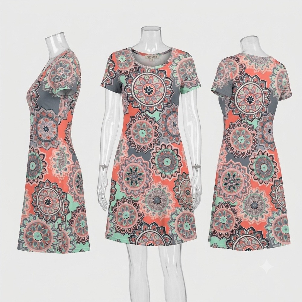 POPYOUNG Womens XS Mandala Print T-Shirt Dress Coral Mint Grey Short Sleeve Boho